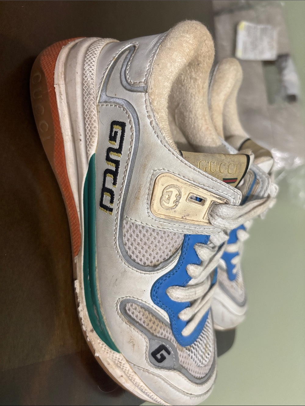 Gucci Kids White Sneakers with Blue, Green & Orange Accents